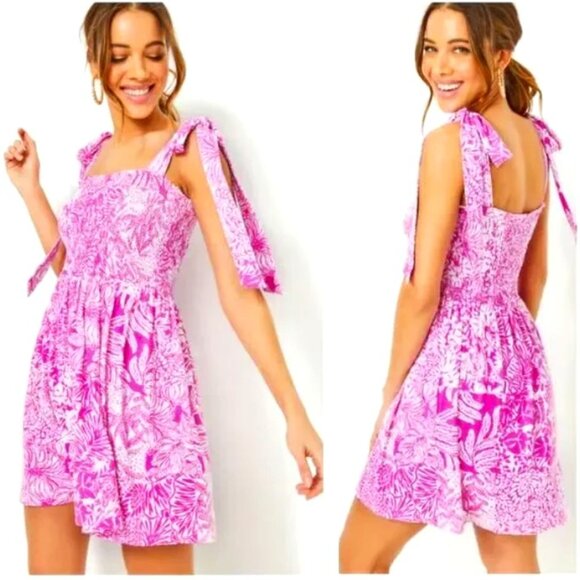 NEW Lilly Pulitzer rivera smocked romper in wild fuschia swipe right - Picture 1 of 8